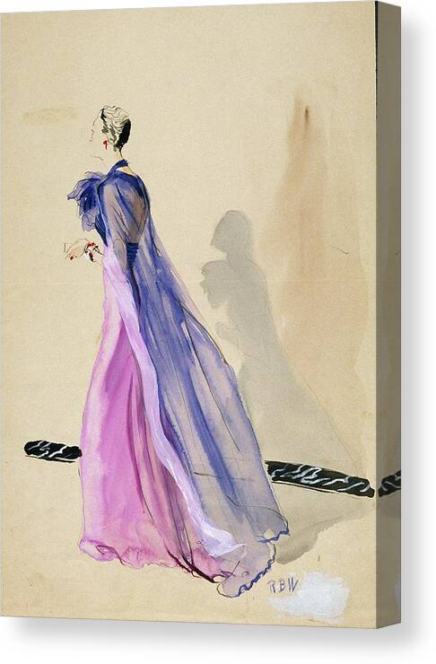 Fashion Canvas Print featuring the digital art A Model Wearing A Blue Cape And Pink Chiffon by Rene Bouet-Willaumez