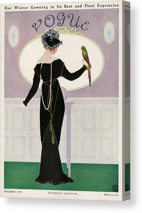 Illustration Canvas Print featuring the photograph A Woman Holding A Parakeet by Mrs. Newell Tilton