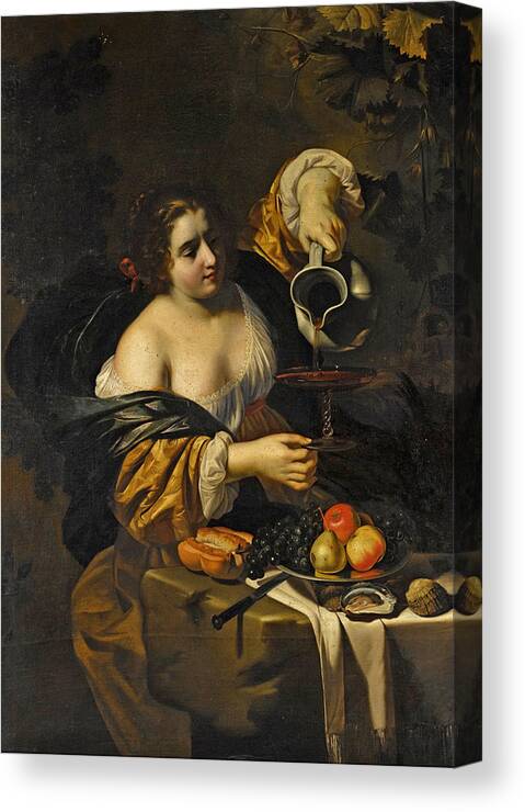 Nicolas Regnier Canvas Print featuring the painting A young woman pouring red wine from a pitcher into a glass by Nicolas Regnier