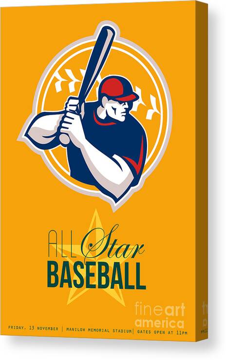 American Canvas Print featuring the digital art All-American Star Baseball Retro Poster by Aloysius Patrimonio
