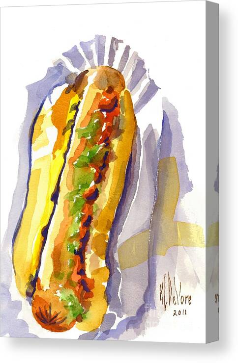 All Beef Ballpark Hot Dog With The Works To Go In Broad Daylight Canvas Print featuring the painting All Beef Ballpark Hot Dog with the Works to Go in Broad Daylight by Kip DeVore