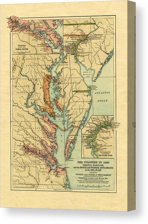 Antique Map Canvas Print featuring the photograph American Colonies in 1660 by Andrew Fare
