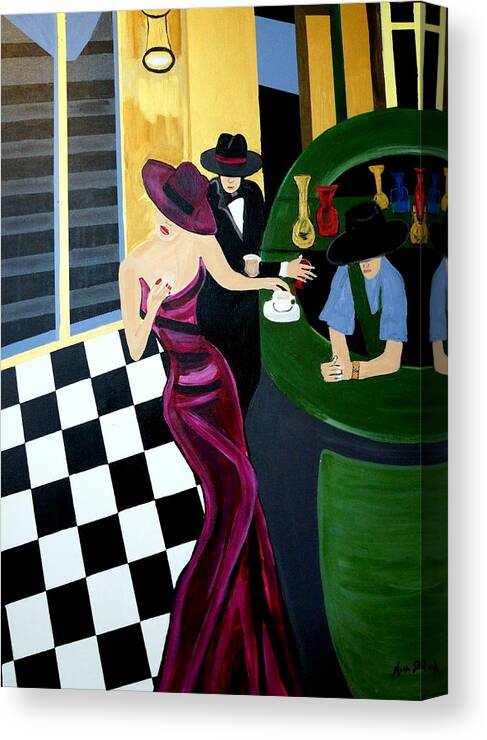 Bar Scene Canvas Print featuring the painting Bar Scene Lets Have A Drink by Nora Shepley