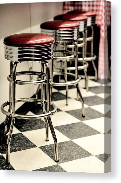 Phillip Rubino Canvas Print featuring the photograph Barstools of vintage roadside diner by Phillip Rubino
