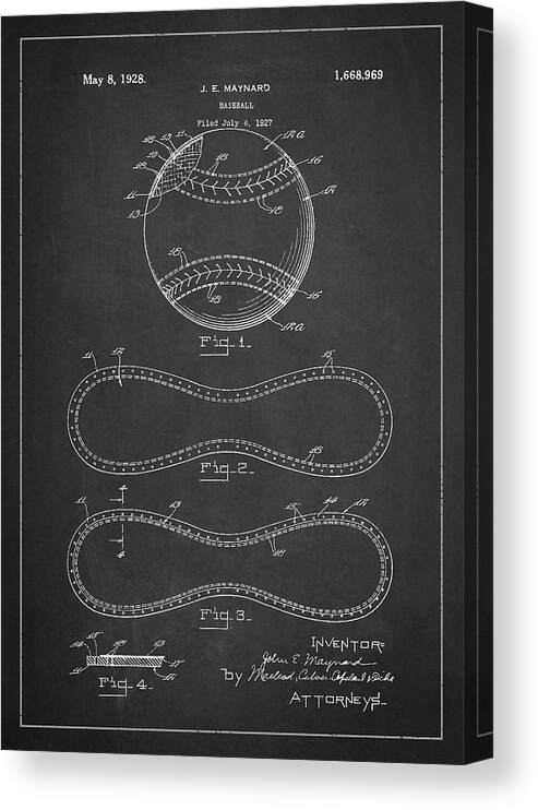 Baseball Canvas Print featuring the digital art Baseball Patent Drawing From 1927 by Aged Pixel