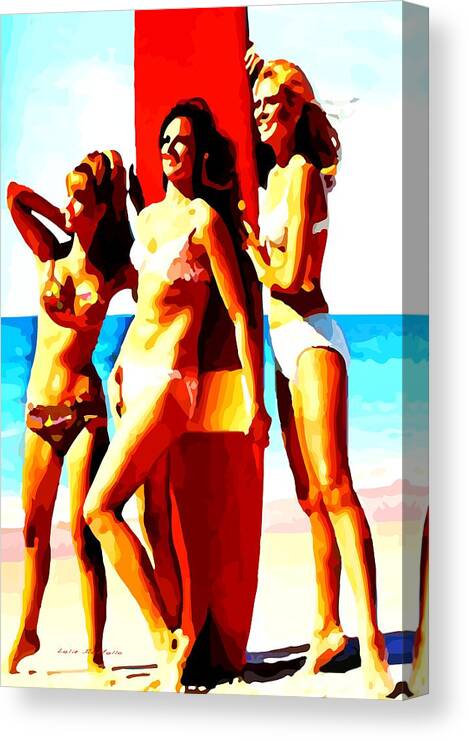 Original Acrylic On Unstretched Canvas Depicting 60's Surfer Girls In Vivid Colors. Tube Shipped. Canvas Print featuring the painting Bathing Beauties No. 3 by Lelia DeMello