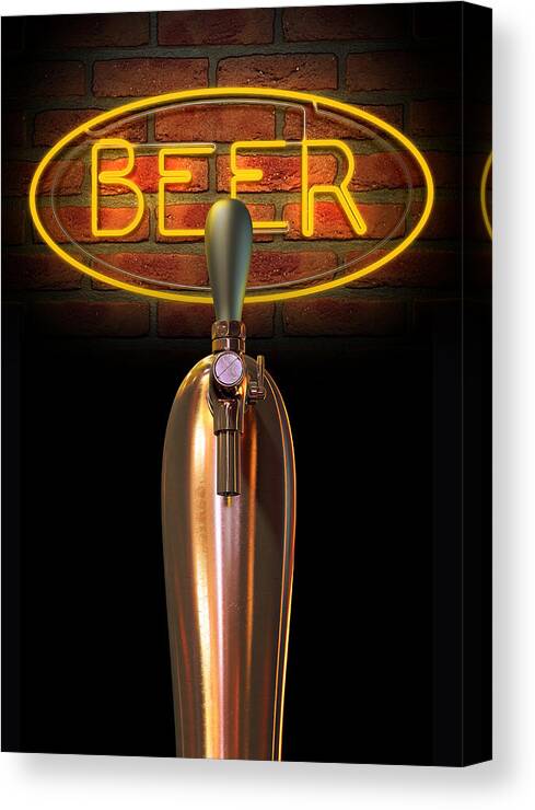 Alcohol Canvas Print featuring the digital art Beer Tap Single With Neon Sign by Allan Swart