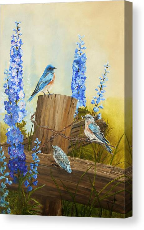 Song Birds Canvas Print featuring the painting Bluebird Family and Delphiniums by Johanna Lerwick