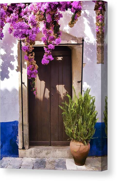 Blue Canvas Print featuring the photograph Brown Wood Door of the Medieval Village of Obidos by David Letts