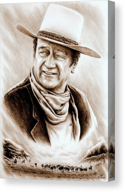 John Wayne Canvas Print featuring the drawing Cattle Drive Sepia soft by Andrew Read