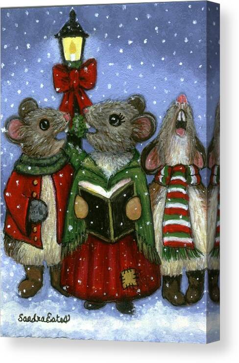 Christmas Canvas Print featuring the painting Christmas Caroler Mice by Sandra Estes
