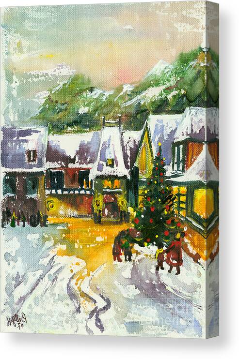 Greeting Cards Canvas Print featuring the painting Christmas in the Small Town by Elisabeta Hermann