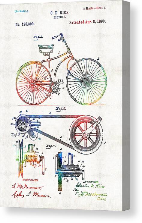 Bike Canvas Print featuring the painting Colorful Bike Art - Vintage Patent - By Sharon Cummings by Sharon Cummings
