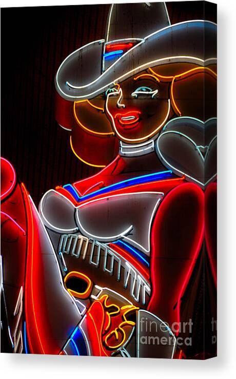 Cow Girl Canvas Print featuring the photograph Cowgirl Neon Sign Fremont Street Las Vegas by Amy Cicconi