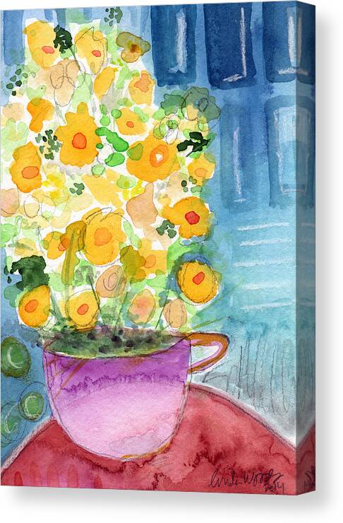 Flowers Canvas Print featuring the painting Cup of Yellow Flowers- abstract floral painting by Linda Woods