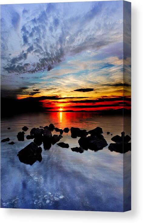 Art Canvas Print featuring the photograph Dark Red Sunset Reflection Transparent Blue Sea Black Clouds Art by Eszra