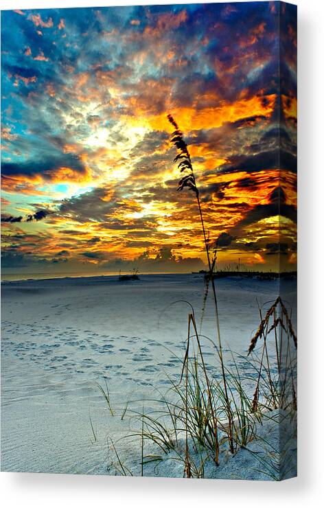 Fiery-red-sunset Canvas Print featuring the photograph Destin Florida White Sand Landscape-Fiery Red Sky Sunset by Eszra Tanner