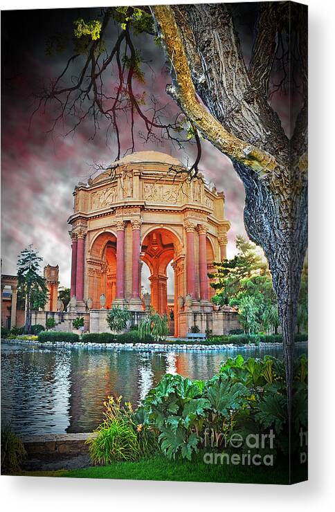 The Palace Of Fine Arts In The Marina District Of San Francisco Canvas Print featuring the photograph Dusk at the Palace of Fine Arts in the Marina District of San Francisco II Altered Version by Jim Fitzpatrick