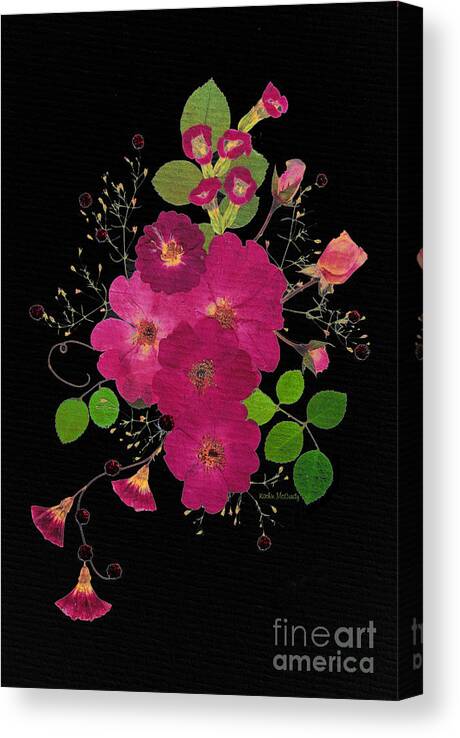 Black Canvas Print featuring the digital art Enchanted Garden Pressed Flower Roses - Night by Kathie McCurdy