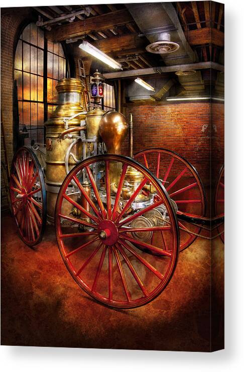 Suburbanscenes Canvas Print featuring the photograph Fireman - One day a long time ago by Mike Savad