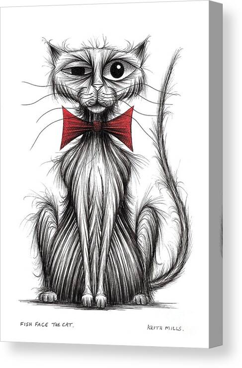 Cat Canvas Print featuring the drawing Fish face the cat by Keith Mills
