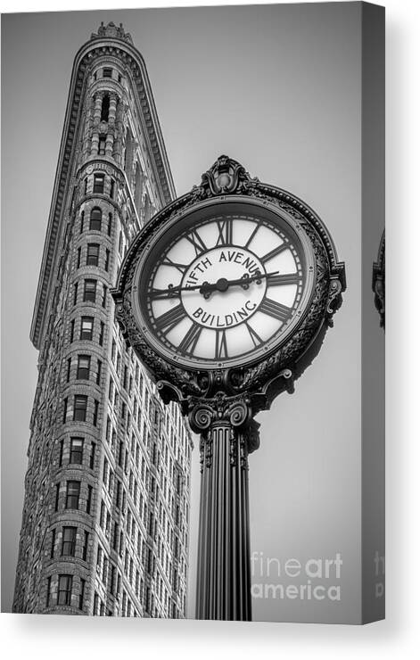 5th Ave. Canvas Print featuring the photograph Flatiron and Clock Black and White by Jerry Fornarotto