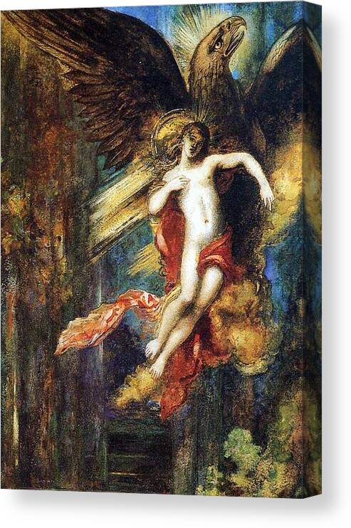Jupiter; Bird; Taken; Abduction; Mythology; Mythological; Male; Youth; Youthful; Young; Wings; Winged; Kidnapping; Kidnap; Transformation; Metamorphosis; Greek Myth; Abduct; Flight; Flying; Nude; God; Deity; Landscape; Dog; Carrying Canvas Print featuring the painting Ganymede by Gustave Moreau