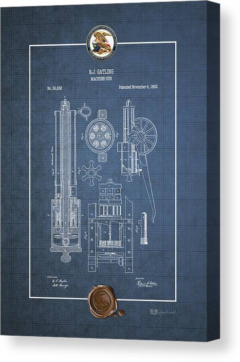 C7 Vintage Patents Weapons And Firearms Canvas Print featuring the digital art Gatling Machine Gun - Vintage Patent Blueprint by Serge Averbukh