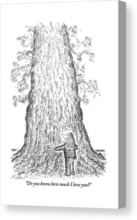 Trees Canvas Print featuring the drawing Guy Hugging A Giant Tree And Speaks To It by Edward Koren