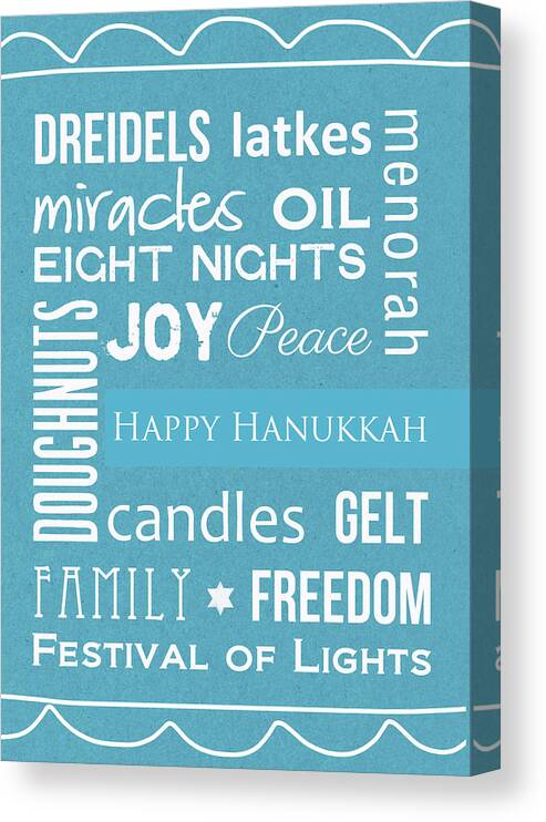 Hanukkah Canvas Print featuring the digital art Hanukkah Words -Greeting Card by Linda Woods