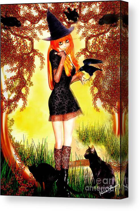 Witch Canvas Print featuring the mixed media Happy Halloween Cute Witch by Alicia Hollinger