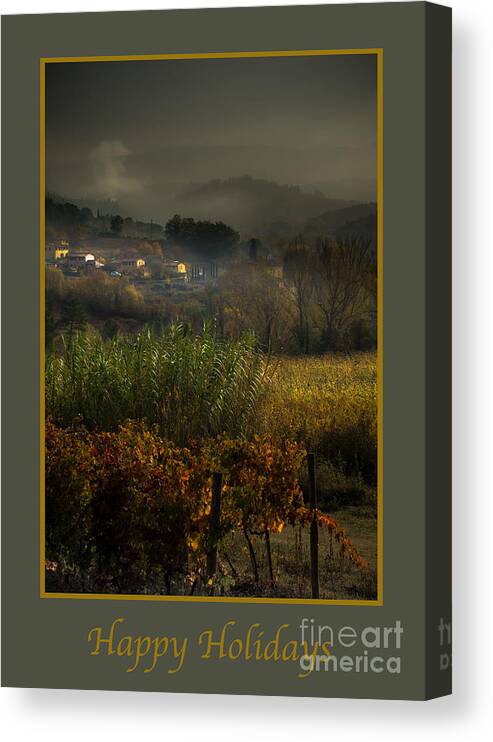Italian Canvas Print featuring the photograph Happy Holidays with Foggy Tuscan Valley by Prints of Italy