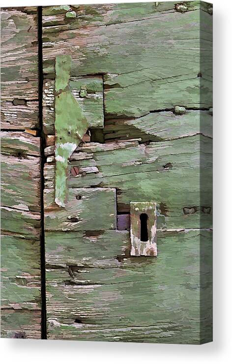 Americana Canvas Print featuring the photograph Key Hole on a Green Weathered Wood Door by David Letts