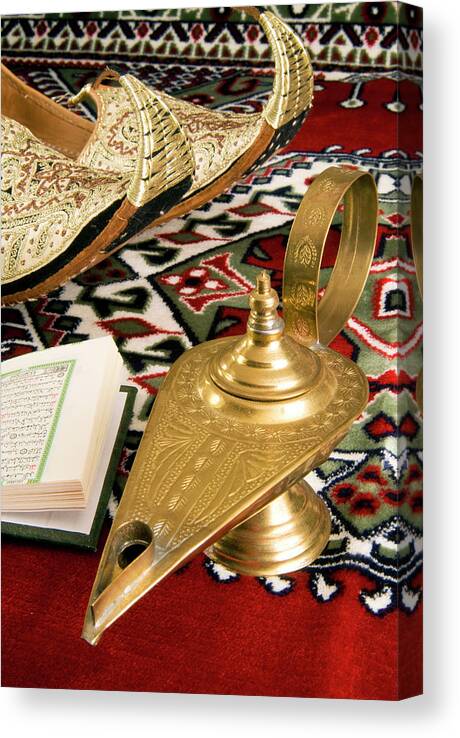 Aladdin Canvas Print featuring the photograph Lamp Of Aladdin, Arabic Shoes, Holy by Nico Tondini