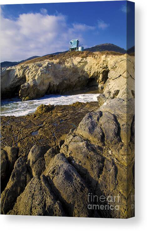 California Canvas Print featuring the photograph Lifeguard tower on the edge of a cliff by David Millenheft