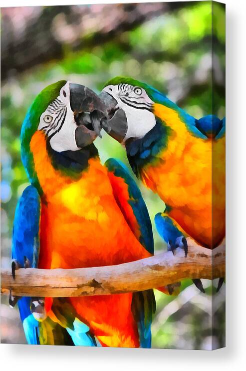 Blue Canvas Print featuring the painting Love Bites - Parrots in Silver Springs by Alexandra Till