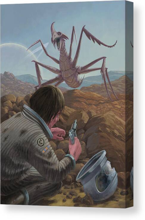 Astronaut Canvas Print featuring the painting Marooned Astronaut Confronting Monster by Martin Davey