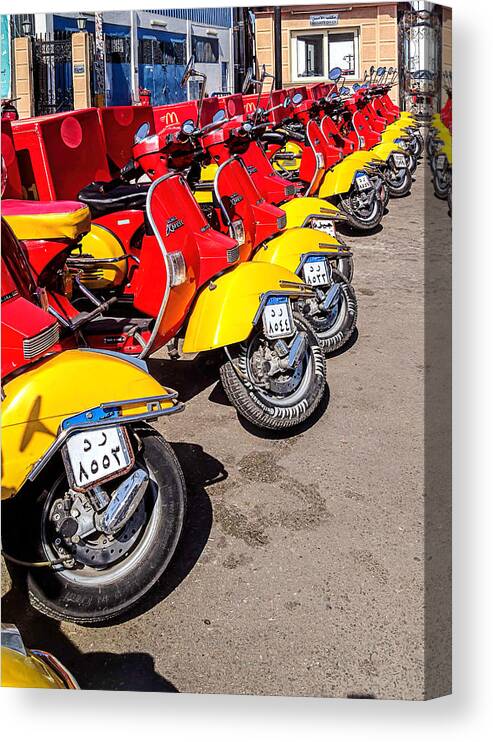 Afternoon Canvas Print featuring the photograph McDonald's Delivery Scooters by Maria Coulson