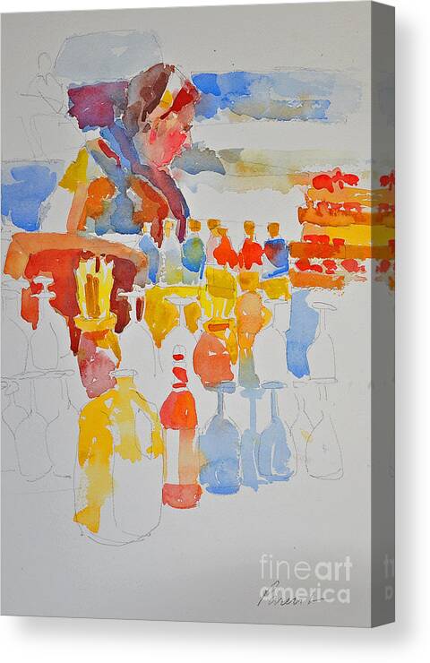 This sketch Is In A Series Of Small Studies Canvas Print featuring the painting Mercado Lady with Bottles by Roger Parent