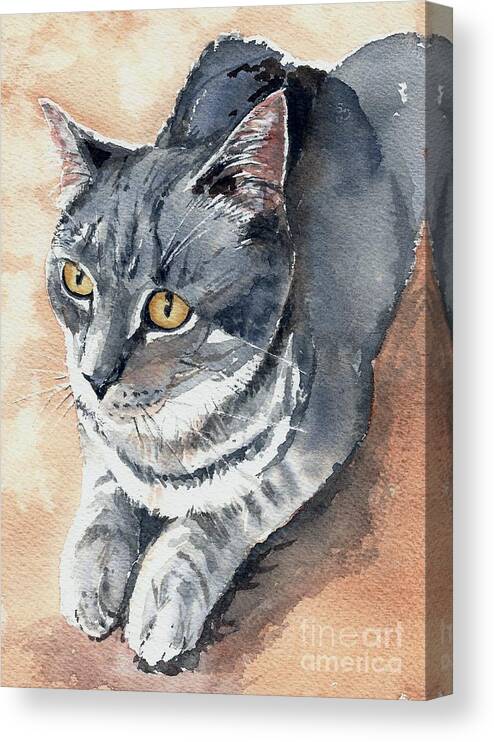 Watercolor Canvas Print featuring the painting Misty Taking Over My Desk by Lynn Babineau
