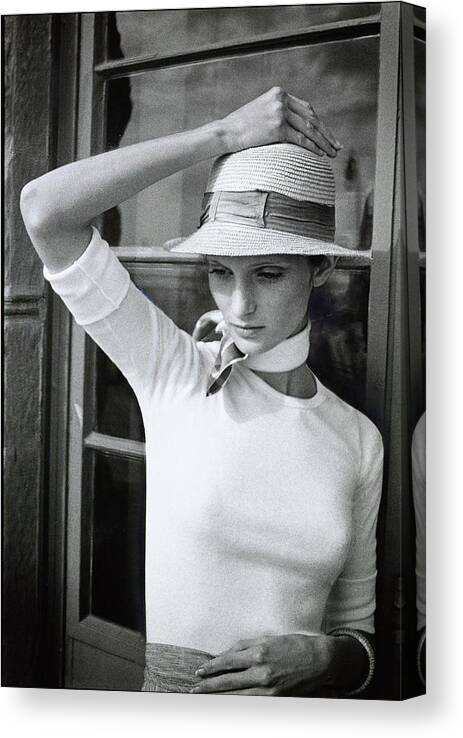 Accessories Canvas Print featuring the photograph Model In Straw Hat And Knit Shirt by Barbara Bersell