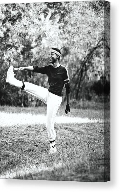 Fitness Canvas Print featuring the photograph Monica Kaufman Stretching In Sports Wear by William Connors