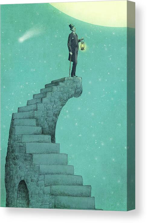 Moon Vintage Victorian Blue Green Stars Comet Top Hat Steps Staircase Astronomy Surreal Whimsical Dream Canvas Print featuring the drawing Moon Steps by Eric Fan