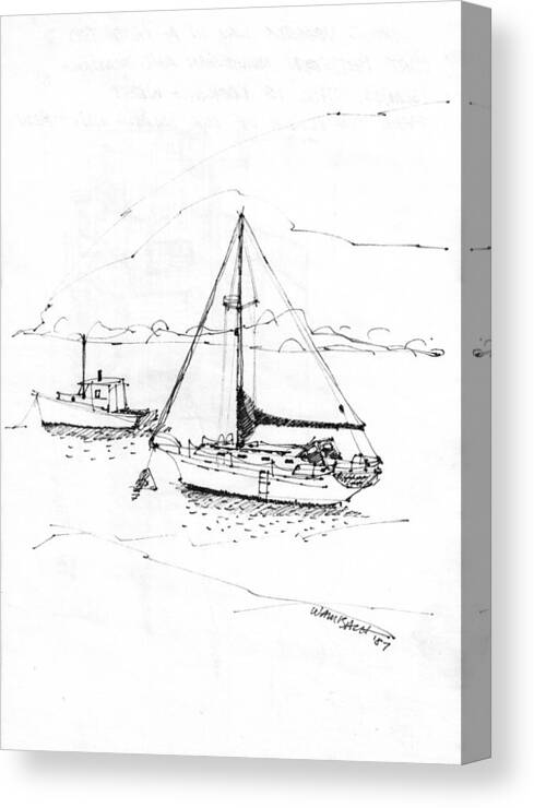 Monhegan Island Canvas Print featuring the drawing Moored Boats Monhegan Island by Richard Wambach
