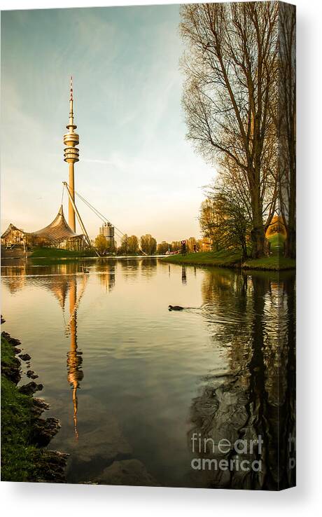 Architecture Canvas Print featuring the photograph Munich - Olympiapark - Vintage by Hannes Cmarits
