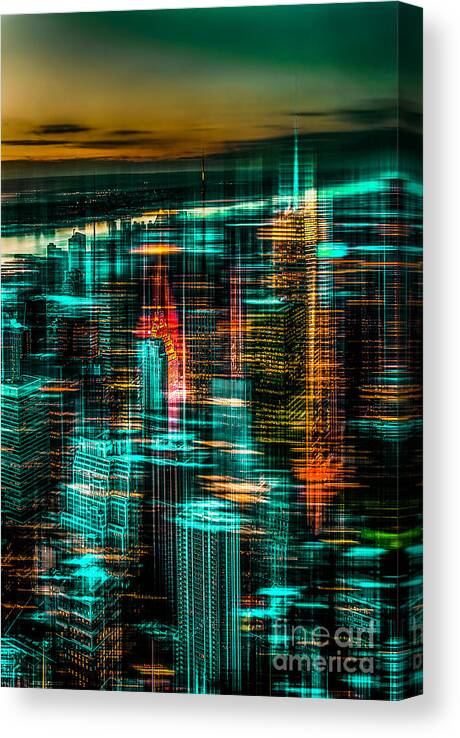Nyc Canvas Print featuring the photograph New York - the night awakes - green by Hannes Cmarits