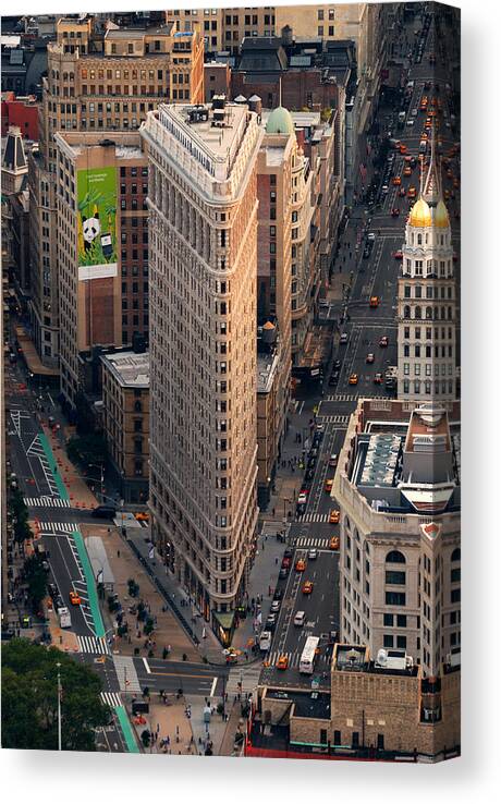 Flatiron Building Canvas Print featuring the photograph New York City Flatiron Building aerial view in Manhattan by Songquan Deng