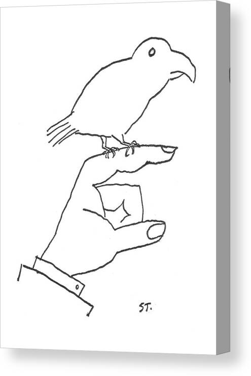 92930 Sst Saul Steinberg (bird Perched On A Mans Finger.) Animal Animals Bird ?nger ?sh Hand Man Manta Perched Pet Pets Pigeon Plus Pointer Spot Sstoon Woman Canvas Print featuring the drawing New Yorker February 16th, 1957 by Saul Steinberg