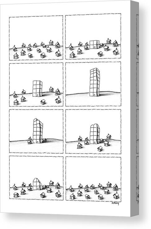(series (8). First Panels Shows A Group Of Little Houses. In Their Midst Canvas Print featuring the drawing New Yorker January 20th, 1986 by Anthony Taber