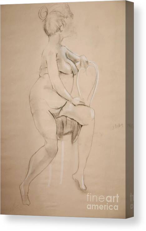 Nude Canvas Print featuring the drawing Nude Sits on White Chair by Gabrielle Schertz
